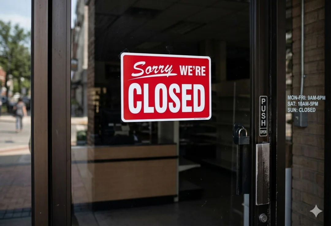 Storefront glass door with a closed sign, illustrating business downtime while seeking financing