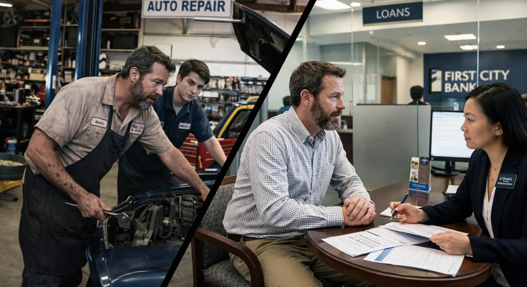 Business owner working in an auto repair shop and reviewing loan documents in an office